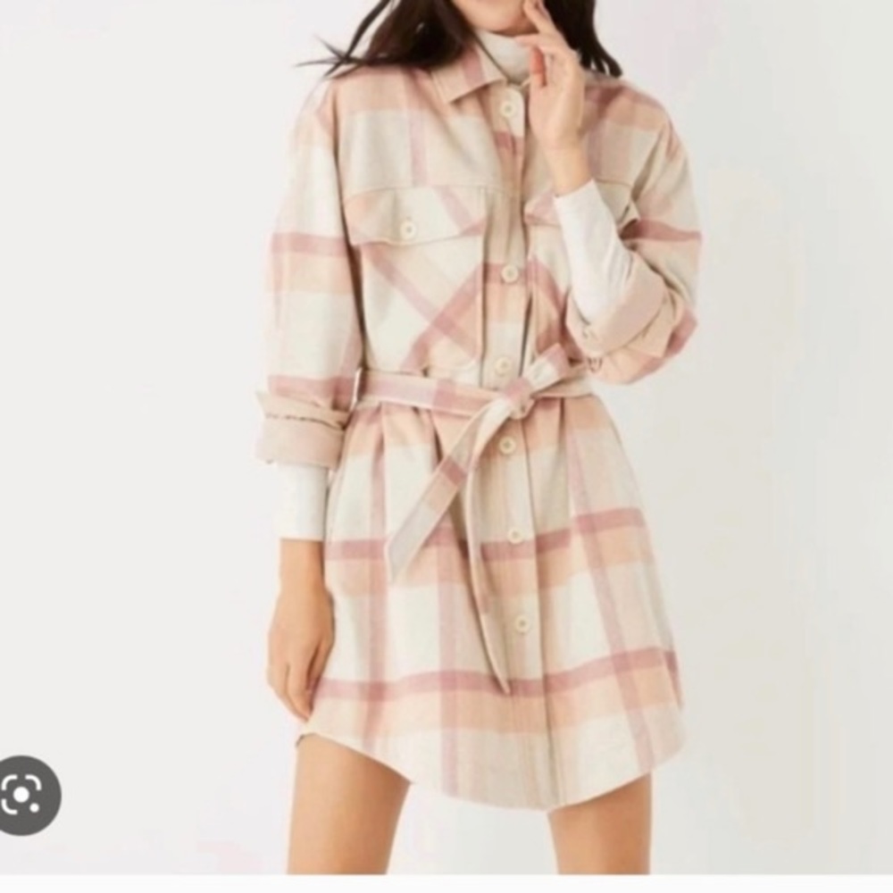 NWT Frank and Oak Pink Plaid Wool Blend Tie Waist Shacket